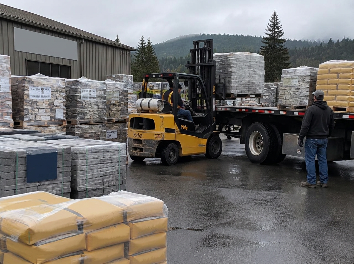 Forklift loading pallets of pavers and cement onto a flatbed truck